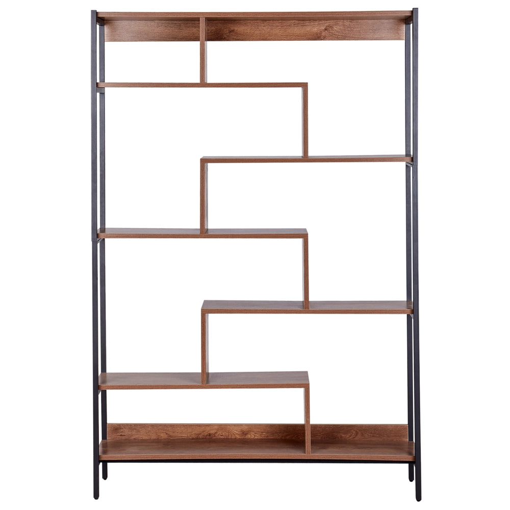 Libreria a 6 ripiani con struttura in metallo nero  legno scuro con luci LED con retro aperto stile industriale