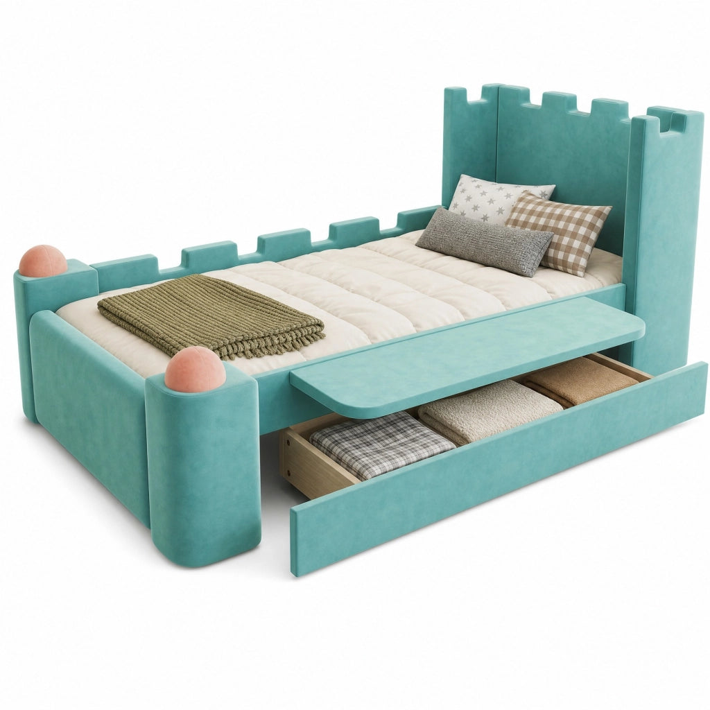 Letto con cassetti 90 × 200 cm con ripiano laterale pieghevole rivestito in velluto francese blu verde