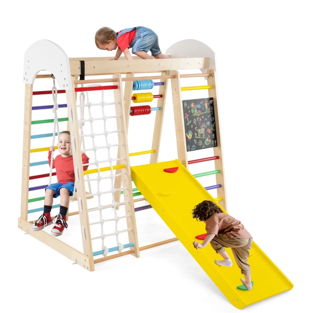 Set arrampicata 8 in 1 per bambini con abaco e altalena, Set arrampicata di legno con scivolo e scala Colorato