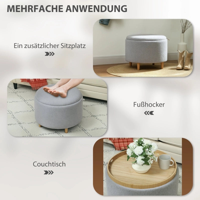 Pouf Contenitore con Coperchio Ribaltabile e Spazio Nascosto, in Poliestere, Grigio