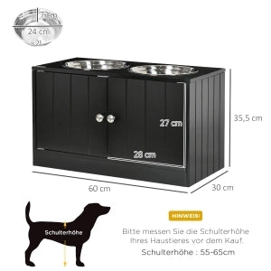 Stazione pappa rialzata per cani con 2 ciotole in acciaio inox, vano contenitore 44 L, porte magnetiche, nero