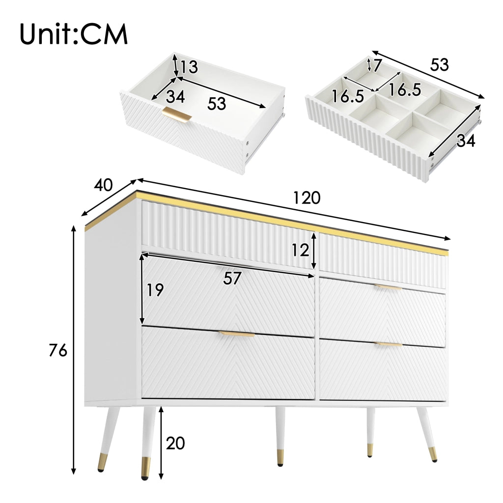 Cassettiera Credenza con 6 Cassetti e Divisori Rimovibili; Apertura Push; Antiribaltamento; in Vetro; 120??40??76 cm; Bianco