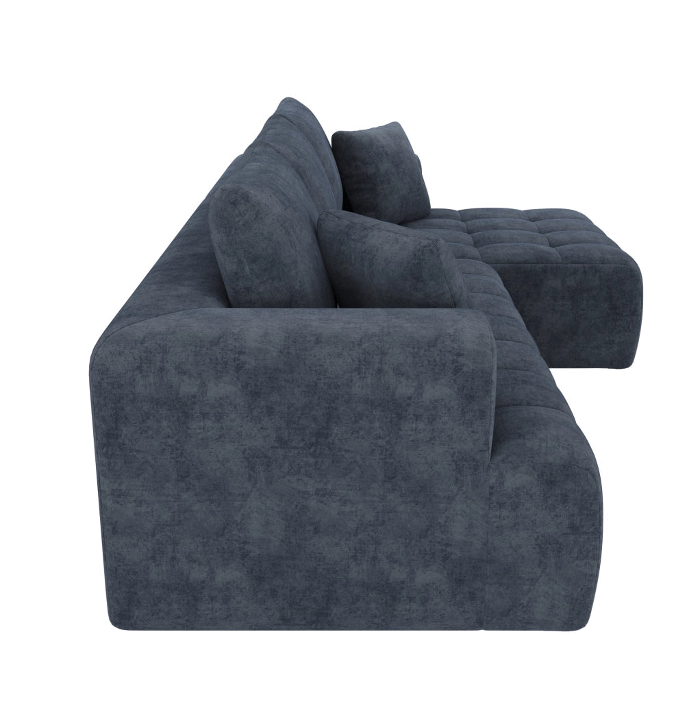 Divano angolare modulare a L 244;5x136x79 cm in ciniglia blu con 2 cuscini