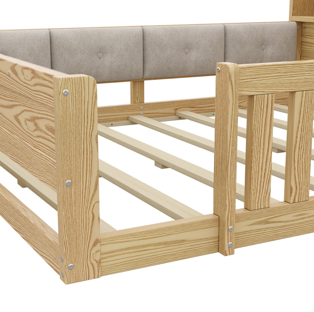 Letto per bambini 140x200 cm con sponde; testiera con contenitore e LED; naturale
