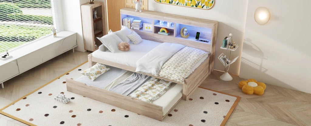 Letto daybed 90x200 cm con letto estraibile; LED; prese e USB; naturale