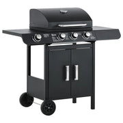 BARBECUE A GAS CON COPERCHIO, 4 BRUCIATORI DA 11.6KW, FORNELLO, MENSOLA E 2 RUOTE, 110X50X100 CM NERO