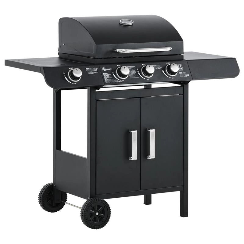 BARBECUE A GAS CON COPERCHIO, 4 BRUCIATORI DA 11.6KW, FORNELLO, MENSOLA E 2 RUOTE, 110X50X100 CM NERO
