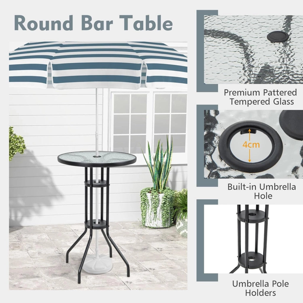 Set da bistrò, tavolo rotondo alto con piano in vetro e 2 sedie pieghevoli, tessuto traspirante, set di mobili per 2 persone, per balcone, terrazza, giardino (senza ombrellone)