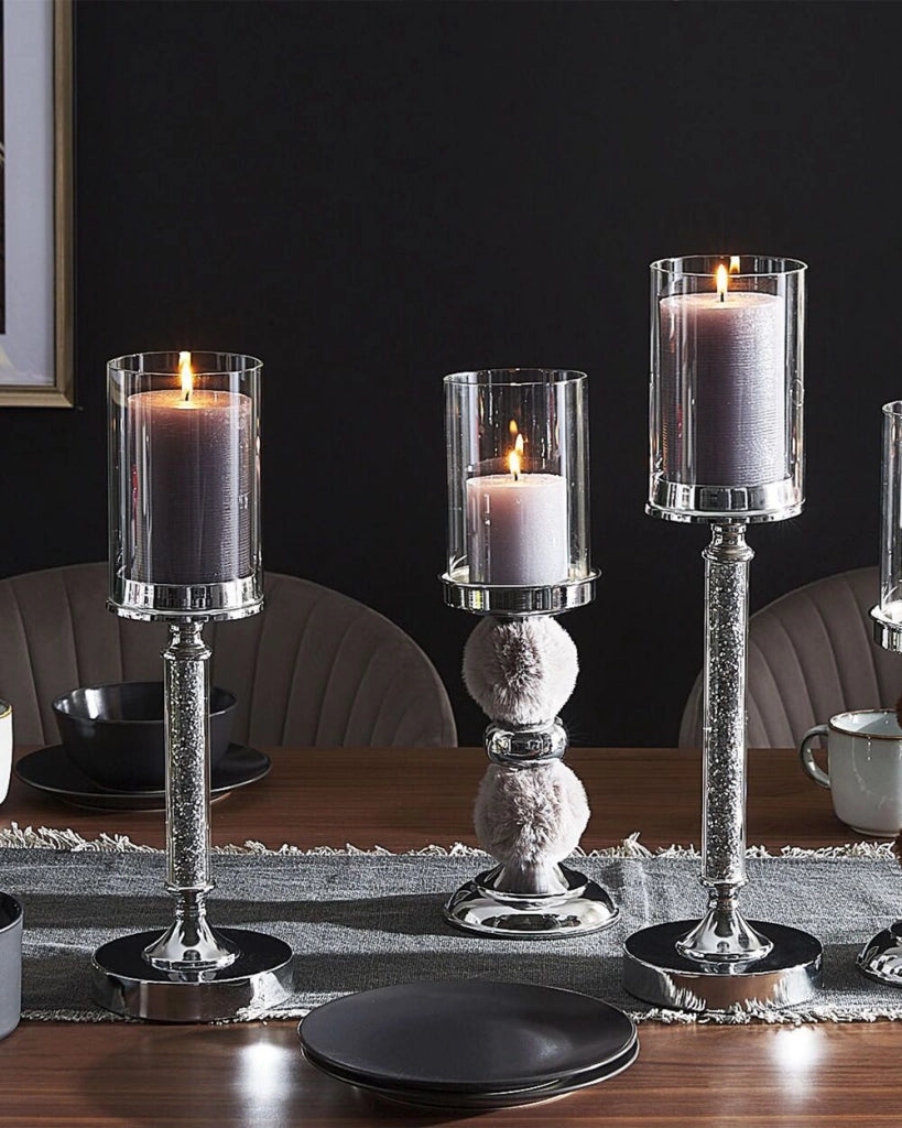 Portacandele in metallo argentato con paralume in vetro da 41 cm centrotavola decorativo glamour