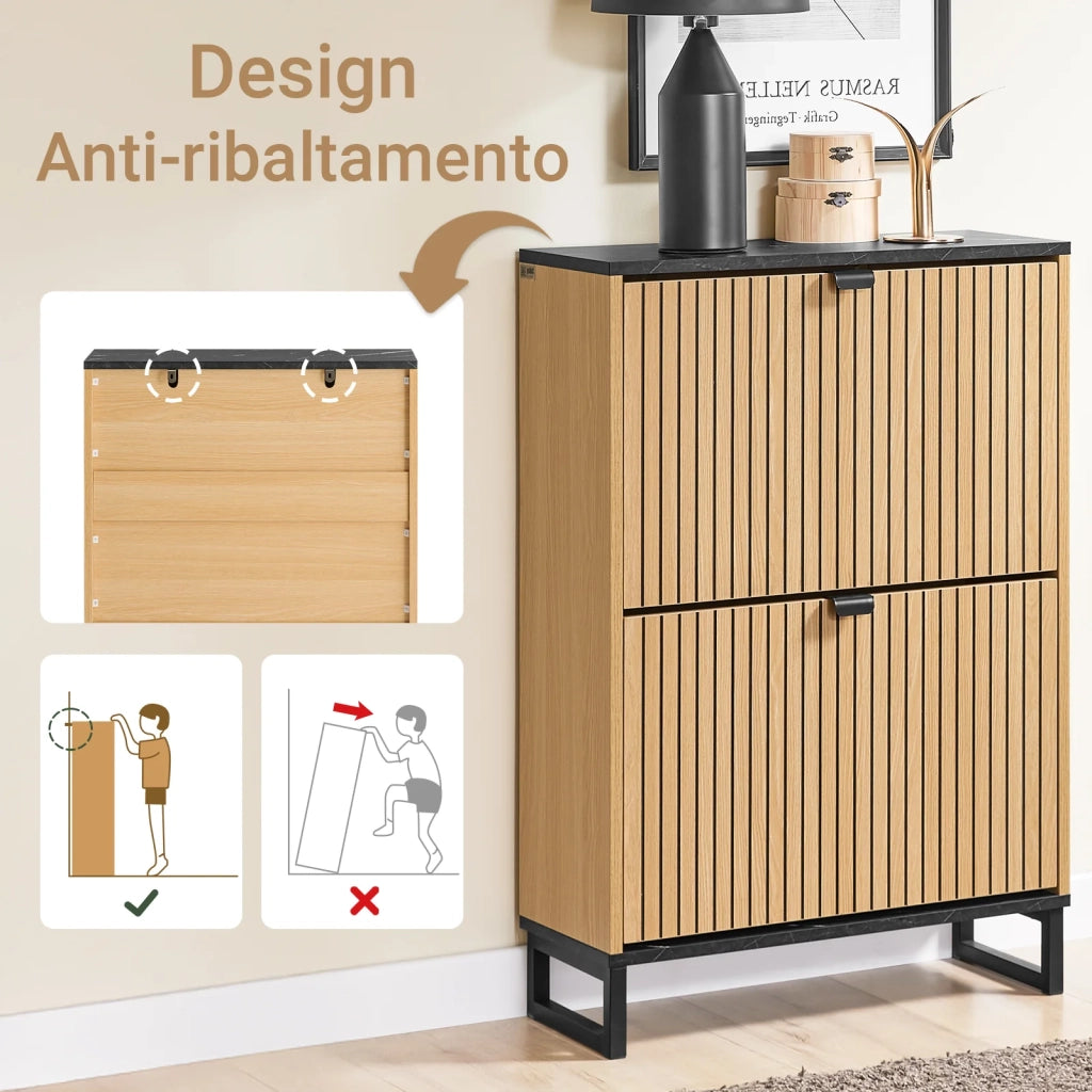 SoBuy Scarpiera Salvaspazio Slim a 2 Ante - Mobile Ingresso Moderno per Scarpe - Mobile Scarpiera da 8-12 Paia, con Struttura Resistente, Effetto Marmo Nero e Legno Chiaro, 60x24x88cm, FSR202-N