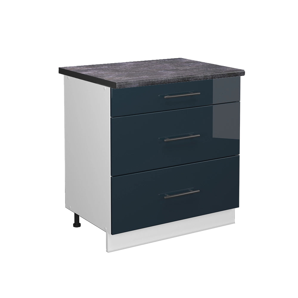 Mobiletto base per cucina Fame-Line Blu scuro lucido/Bianco 80 cm con 3 cassetti, PL Antracite Vicco