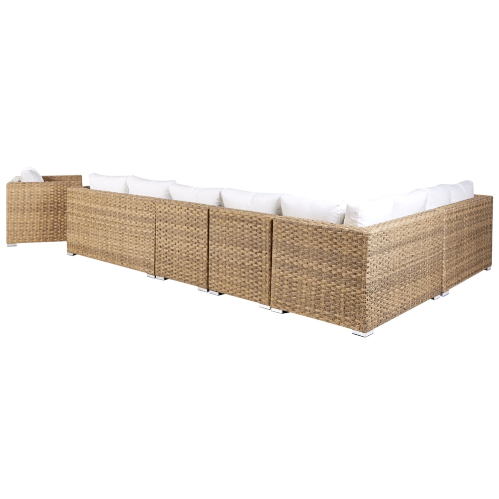 Set da giardino 8 posti in rattan color marrone chiaro lato destro con cuscini beige Divano ad angolo Poltrona Tavolino da caffè