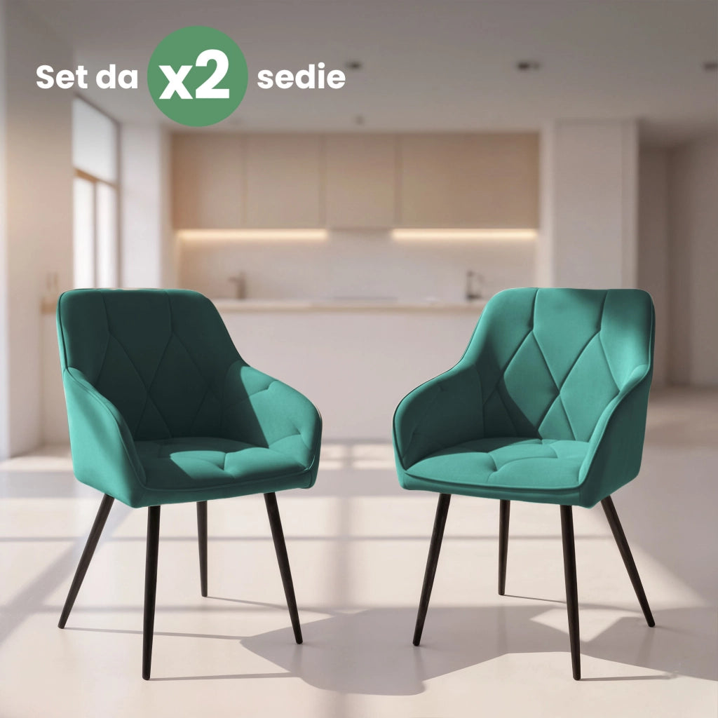 Set di 2 Sedie in velluto trapuntato DIAMANTE Verde Bottiglia gambe nere