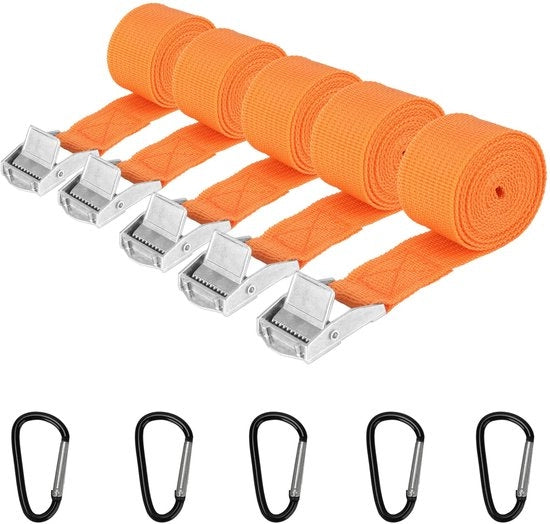 Cinturoni di fissaggio, 5 pezzi 25 mm x 1,5 m cinturoni di fissaggio, cinturoni di fissaggio corti con 5 pezzi ganci di carabina, cinturoni di fissaggio con rilascio regolabile per auto bicicletta motocicletta bagaglio campeggio (arancione)