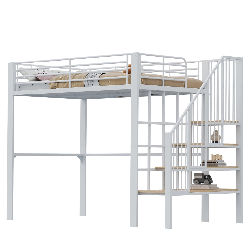 OKWISH Letto a Soppalco 140×200 cm, Letto Matrimoniale con Scala, Ampio Spazio Contenitore, senza Materasso, in Metallo e Legno, Bianco
