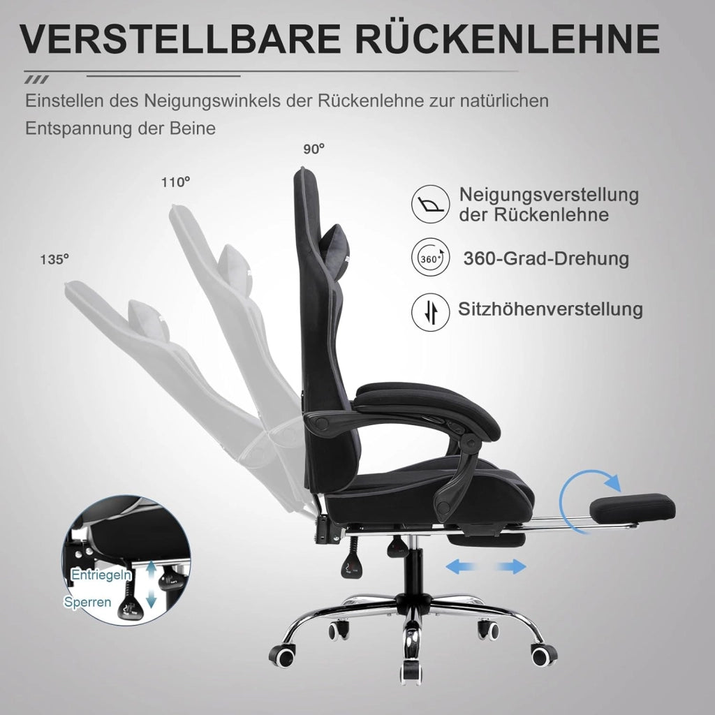 Sedia da gaming, in tessuto, da ufficio, da gioco, ergonomica, con poggiapiedi, per massaggi, cuscino lombare, imbottito, sedia da gioco, sedia girevole, grigio