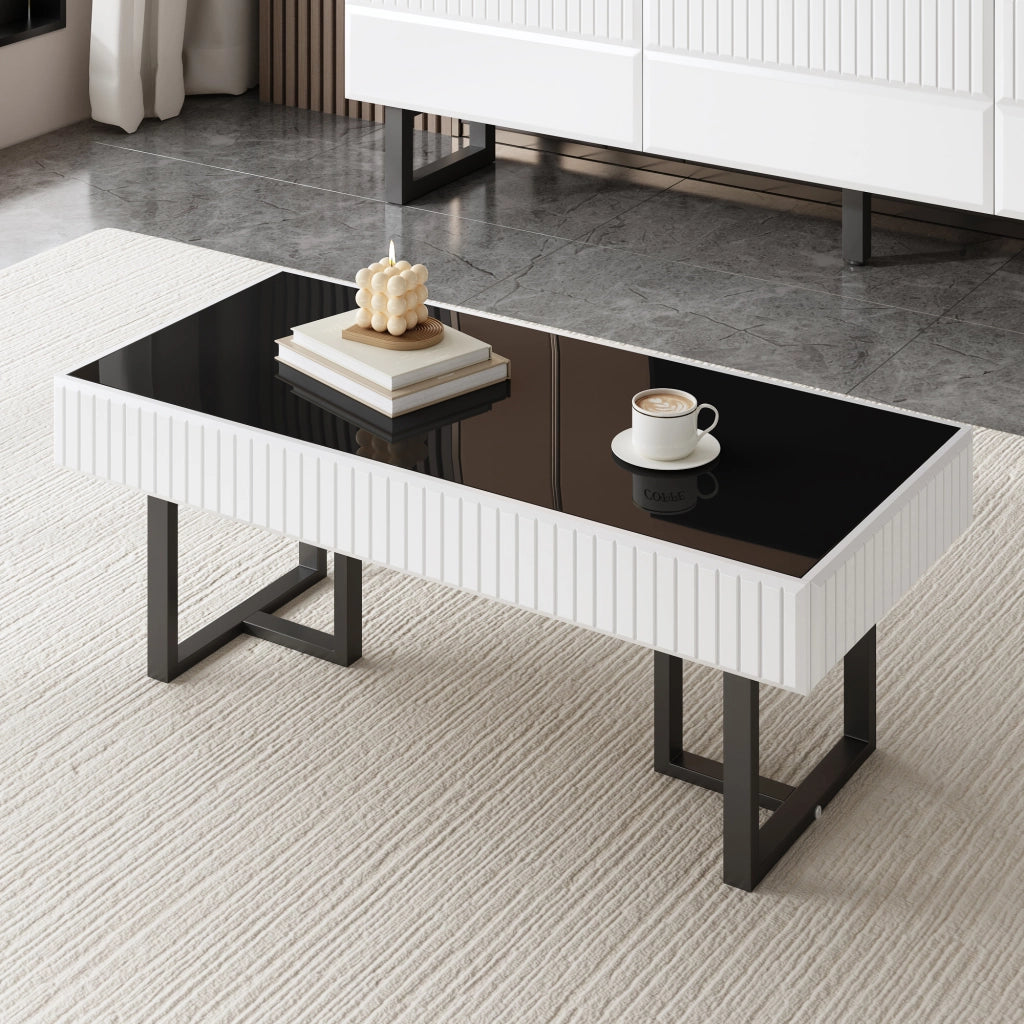 Tavolino da Caffè con Struttura in Ferro; Piano Nero Lucido Parziale; Stile Moderno; in MDF e Truciolare; Nero Bianco