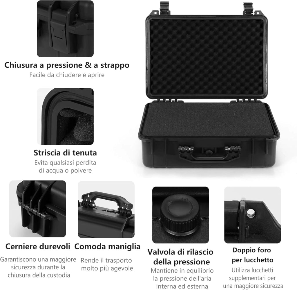 Valigetta per Macchina Fotografica Impermeabile, Custodia per Fotocamera con inserto in Schiuma Regolabile, Impermeabile IP66 e Antipolvere, 47 x 37 x 18 cm, Nero