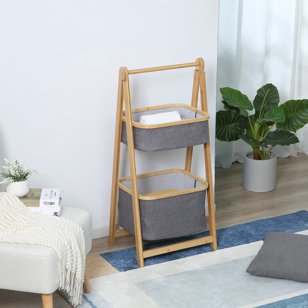 Easycomfort Mobile Bagno Pieghevole in Bambù con 2 Cassetti in Tessuto Poliestere Grigio, 45x35x98cm