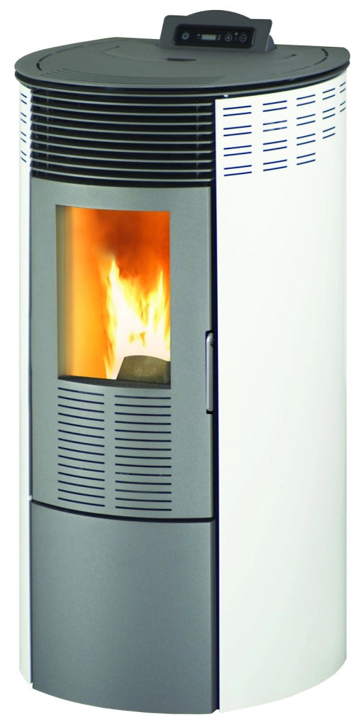 King stufa a pellet round 12 bianca, 8,7kw-n, ventilazione frontale , rivestimento in acciaio, con telecomando