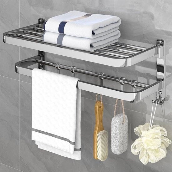 Scaffale a specchio 2 livelli pieghevole da parete per bagno cucina hotel con 5 ganci