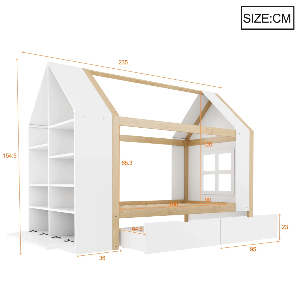 Letto a casetta 90 x 200 cm con LED, cassetti e vani contenitore