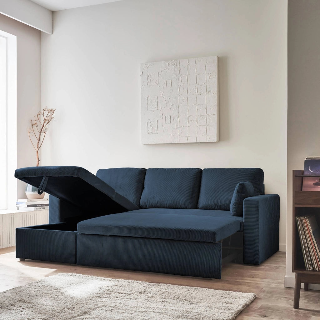 Divano letto angolare reversibile in velluto a coste, 3 posti, blu