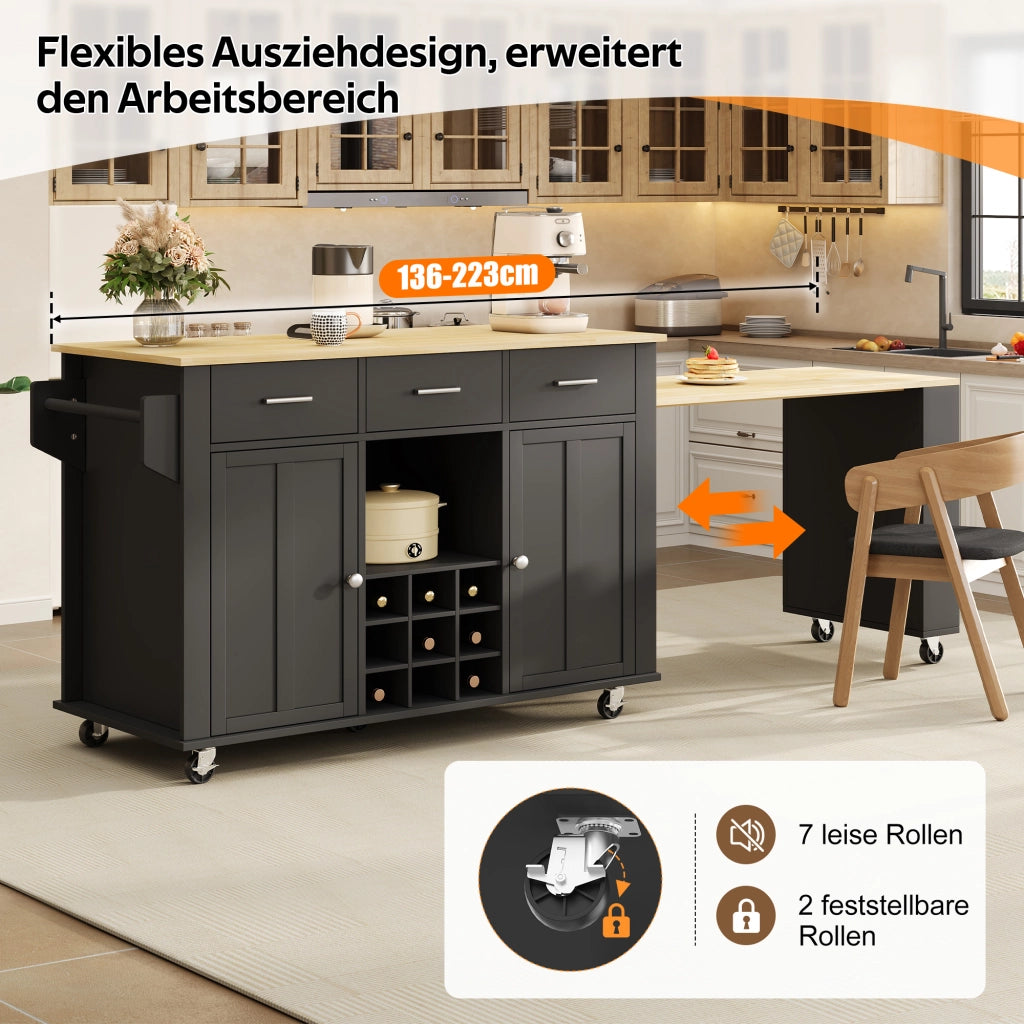 CUCINA Isola con piano estraibile 136(223)x50x93 cm MDF Nero/Naturale