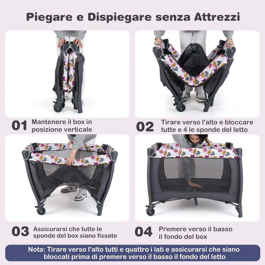 5 in 1 Culla Campeggio Bambini, Lettino Viaggio Neonati Pieghevole con Materasso, Fasciatoio, Box Portatile con Ruote, 2 Giocattoli e Carillon, per Bambini 0-3 Anni (Rosa Scuro)
