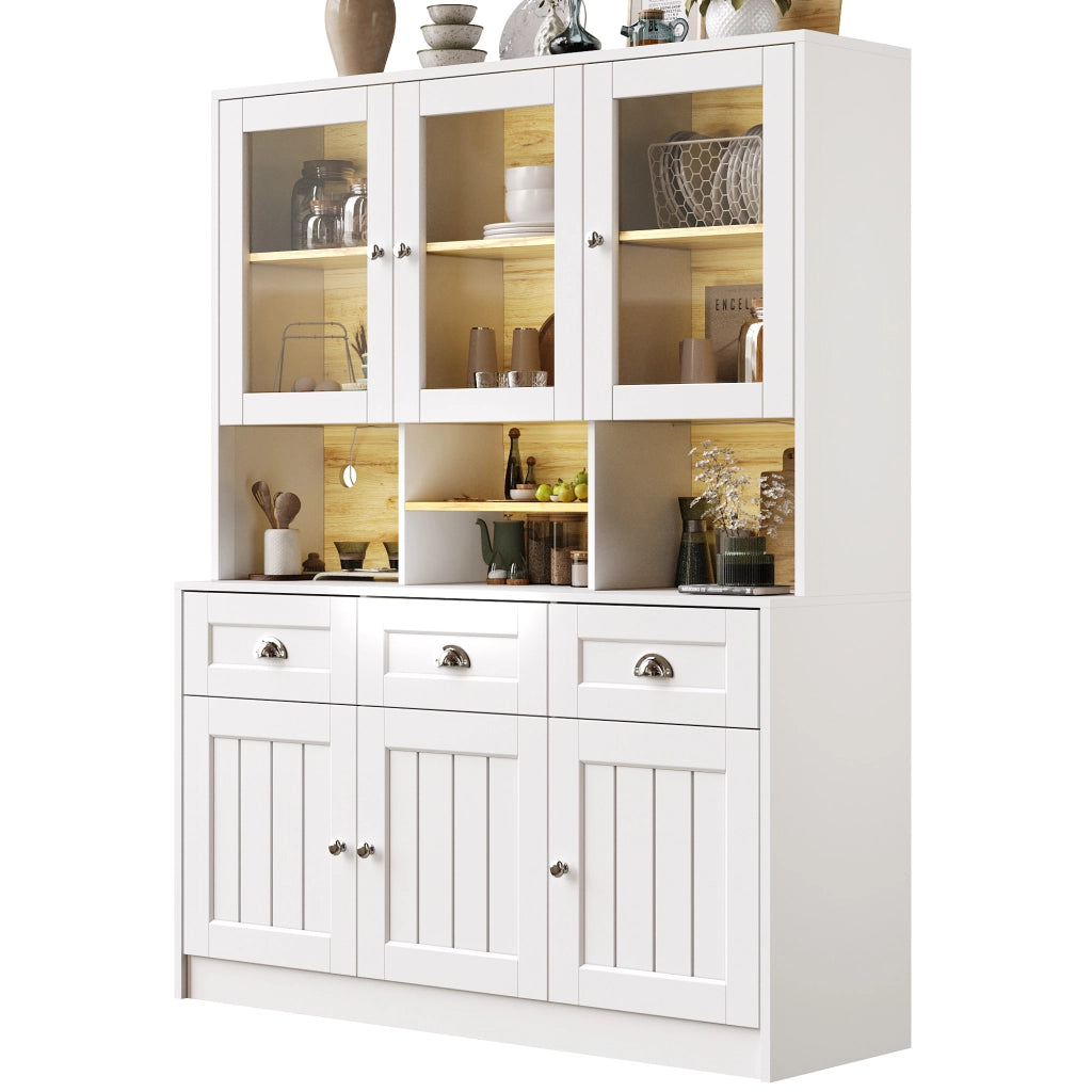 OKWISH Credenza da cucina alta con 6 ante e 3 cassetti, ripiani regolabili e LED, per cucina, MDF, 140 x 40 x 175 cm
