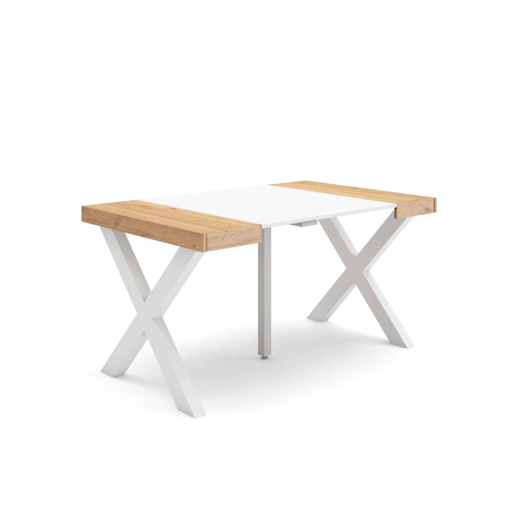 Consolle allungabile, 58 fino 140x90x73cm, Per 6 persone, Gambe in legno, colore Rovere e bianco RF2720