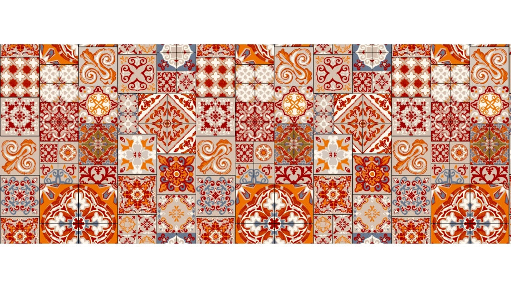Tappeto passatoia fantasia made in Italy antiscivolo lavabile aderente Fantasia Maiolica , Piastrelle Arancio - 50x550cm
