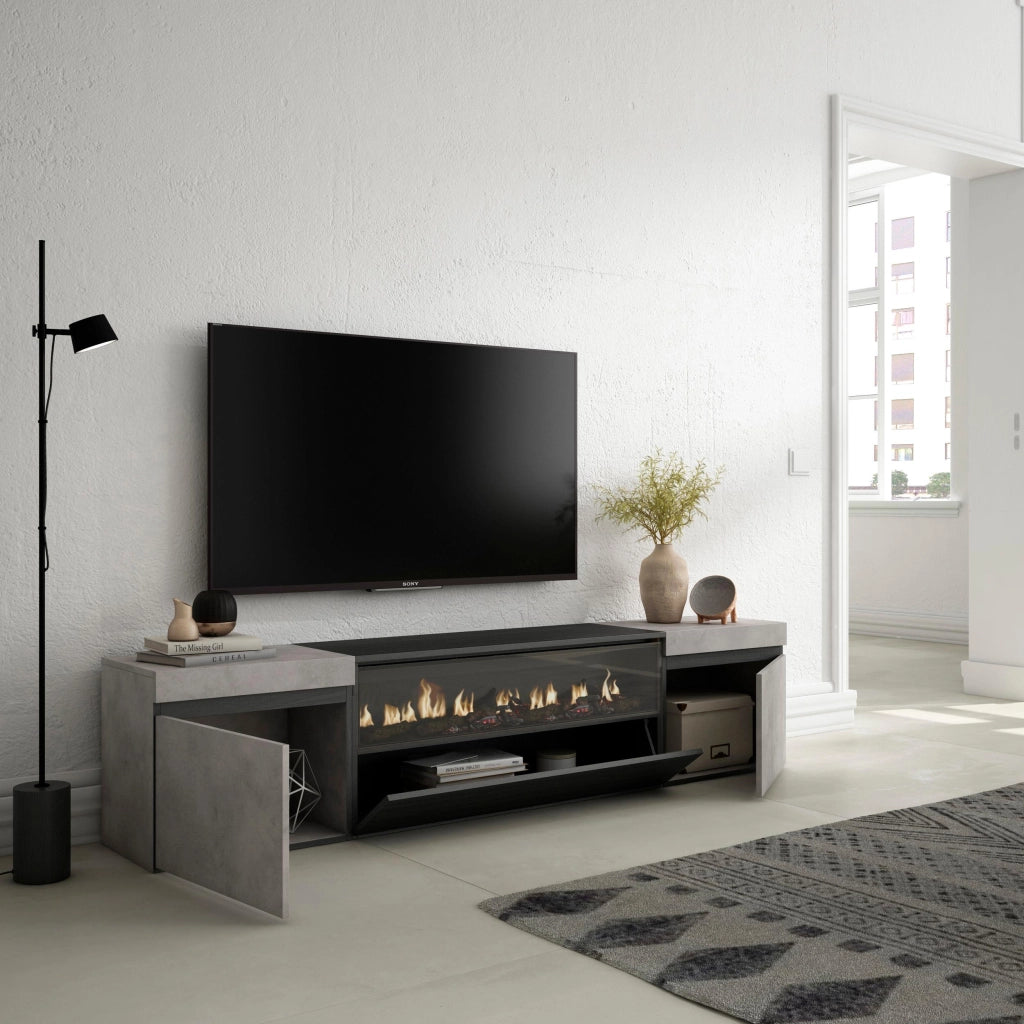 Mobile TV, 200x35x45cm, soggiorno, Per TV fino a 80", Camino elettrico, grigio cemento RF2241