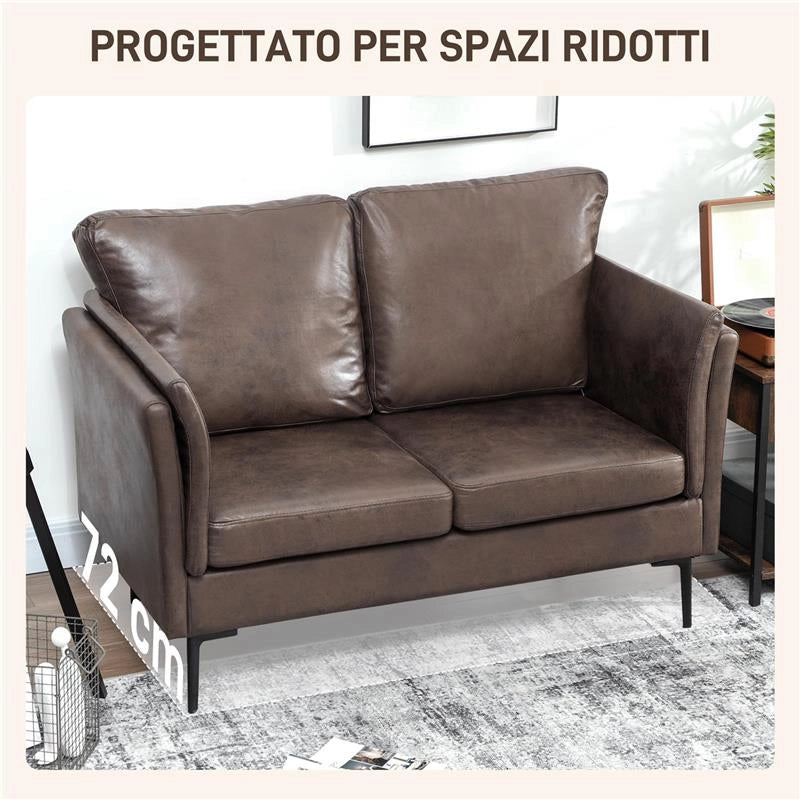 DIVANO 2 POSTI IN PELLE TRASPIRANTE CON IMBOTTITURA SPESSA E GAMBE IN METALLO, 137X72X88 CM, MARRONE SCURO