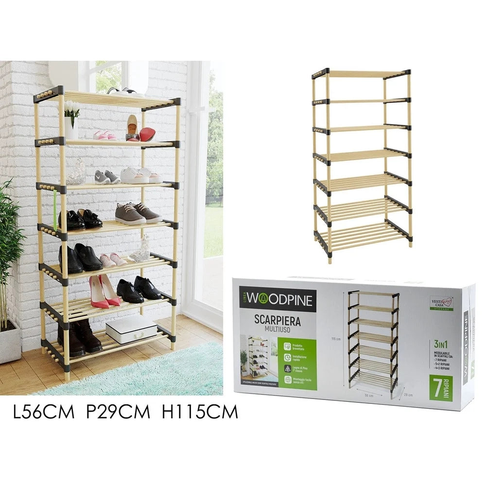 Trade Shop - Scarpiera Multiuso 7 Ripiani In Legno Di Pino Modulare 3 In 1 Scaffali Salvaspazio -