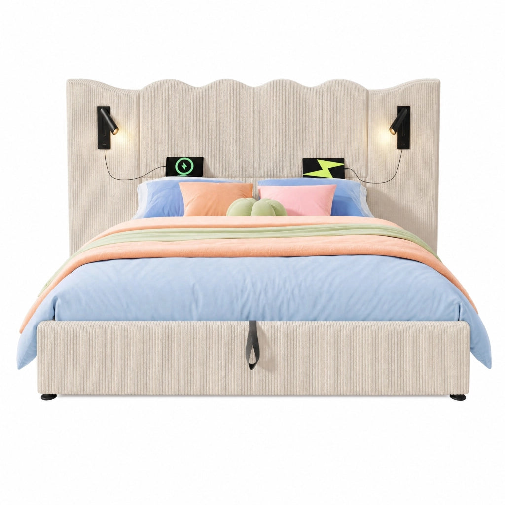 LETTO Contenitore 180x200 cm in tessuto a coste Beige-Bianco con lampada USB Type-C