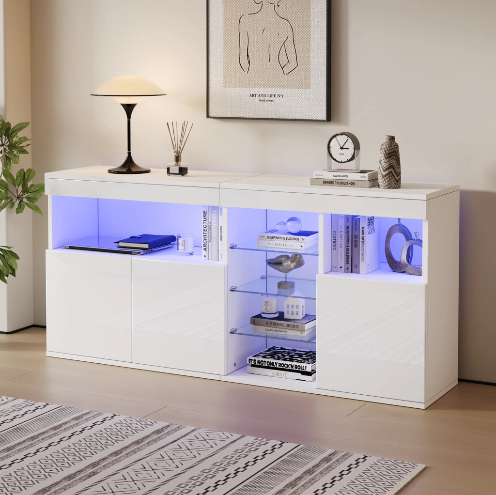 Credenza 155.5x35x72 cm con LED controllabile tramite app in truciolare e vetro bianco