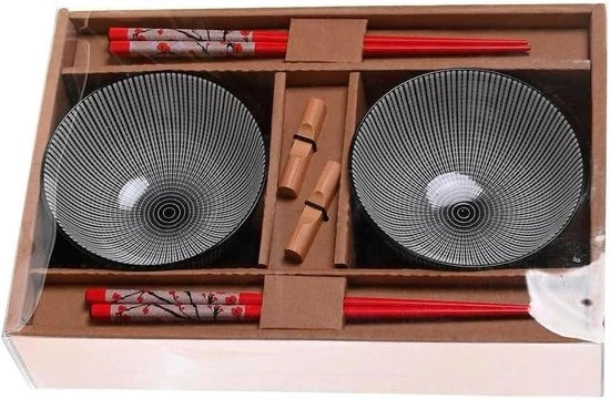 Insieme da Cucina - Piatti Ceramici - Bastoncini di Bambù - Cucchiai da Cibo - Piatti Profondi - Set di Sushi - 2 Persone