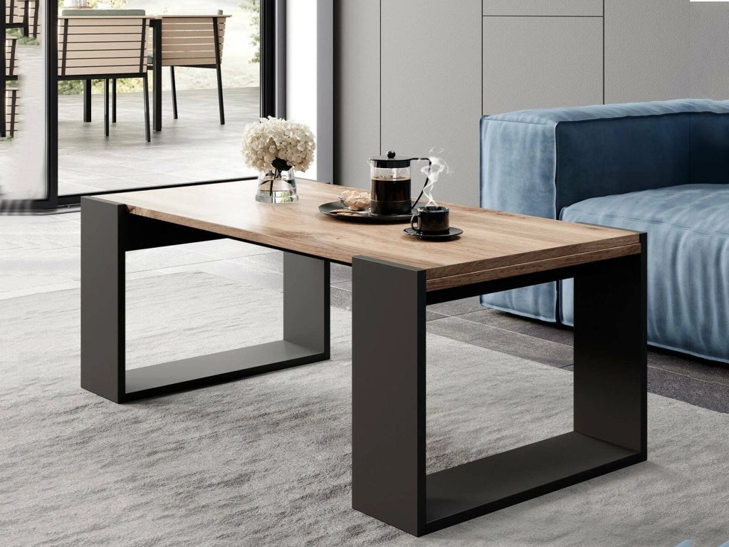 Tavolino da salotto Specchia, Con ampio ripiano, Rialzato da terra, 46x120 h55 cm, Rovere Nodi e Antracite