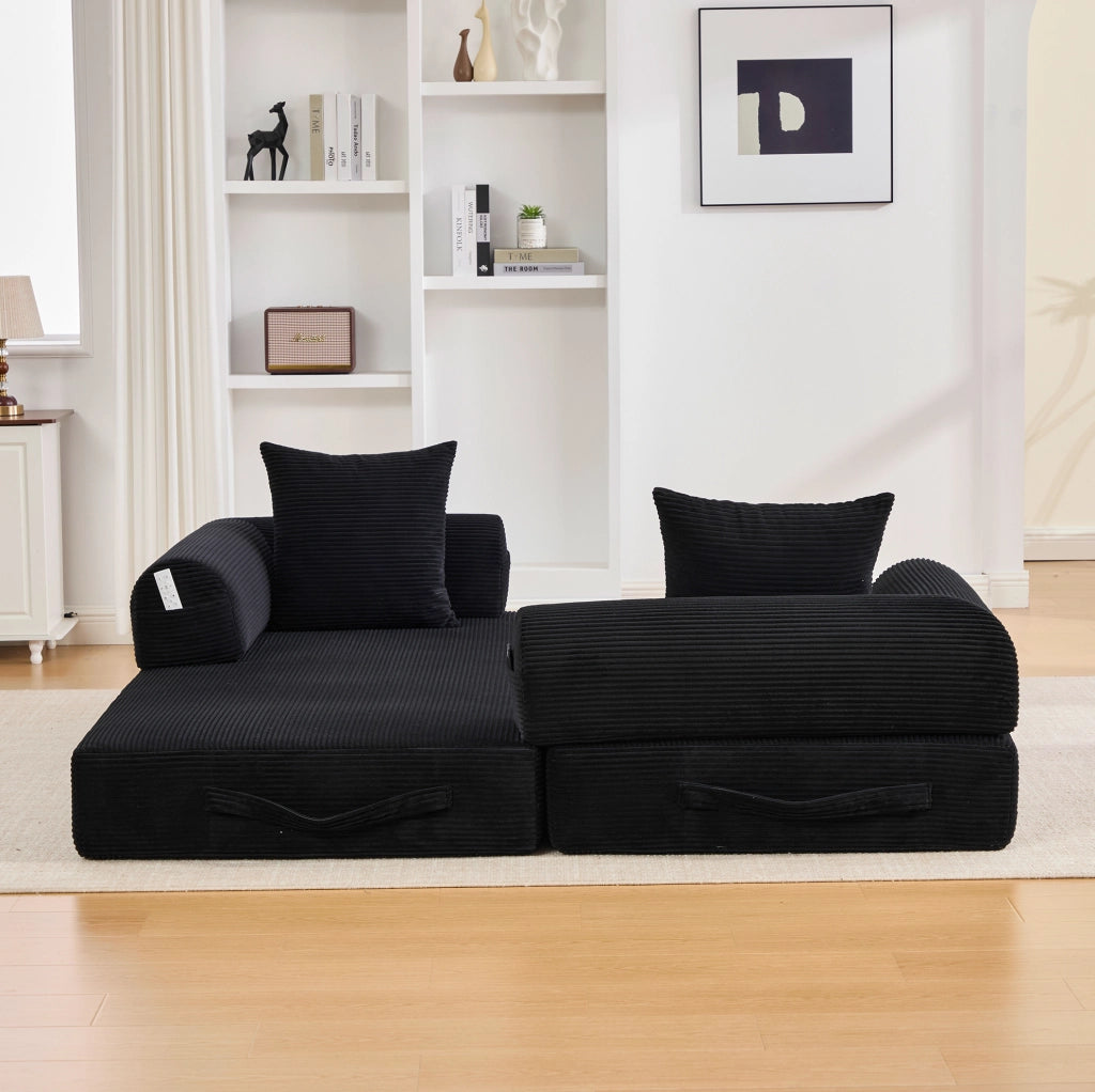 Divano modulare 200x94x67 cm con 3 cuscini; tasca laterale e struttura in metallo in velluto nero