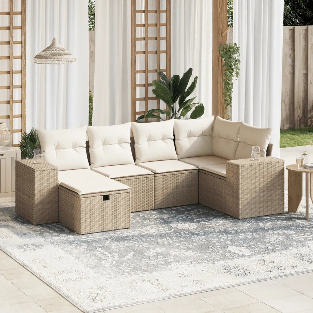 Set Divano da Giardino 6 pz con Cuscini Beige in Polyrattan