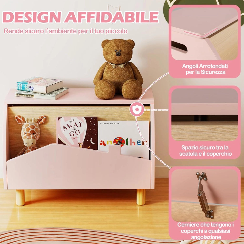 libreria Montessoriana 2-in-1 per Bambini in Legno, Scaffale Porta Libri e Giocattoli con Cassone, Coperchio Ammortizzato e Maniglie, Ideale per Cameretta e Nido, 60 x 30 x 44 cm (Rosa)