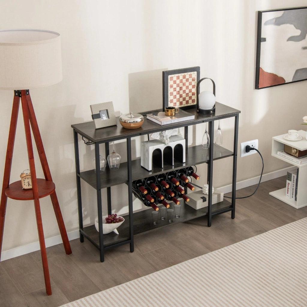 Mobile bar vino con 3 ripiani porta calici porte USB e prese struttura in metallo, Portabottiglie industriale Grigio scuro-Mobili porta liquori
