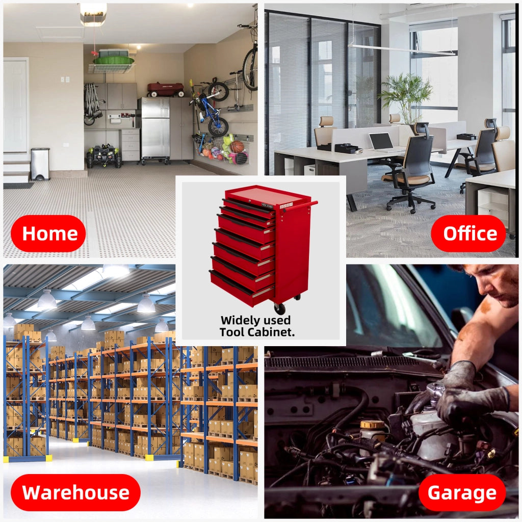 Scaffale con 7 cassetti e ruote, sistema di chiusura con chiave, per garage e officina, metallo rosso 615 × 330 × 860 mm