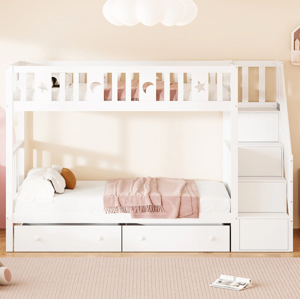 Letto a castello per bambini 90x200 cm bianco con scala contenitore