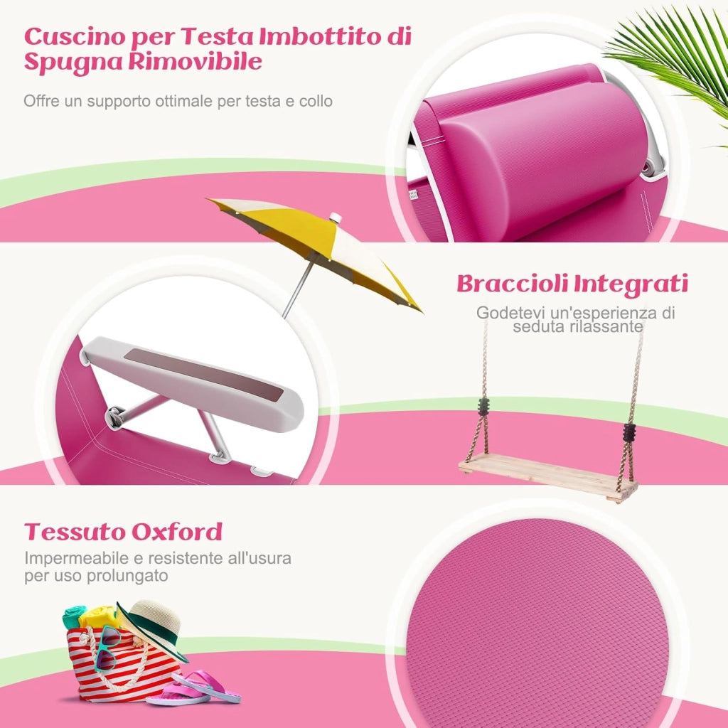 Sedia da Spiaggia, Sdraio Pieghevole a 5 Posizioni con Portabicchieri, Poltrona da Spiaggia con Cuscino per Testa e Zaino, Sedia da Campeggio Portatile, Portata 150 kg (Rosa,1)