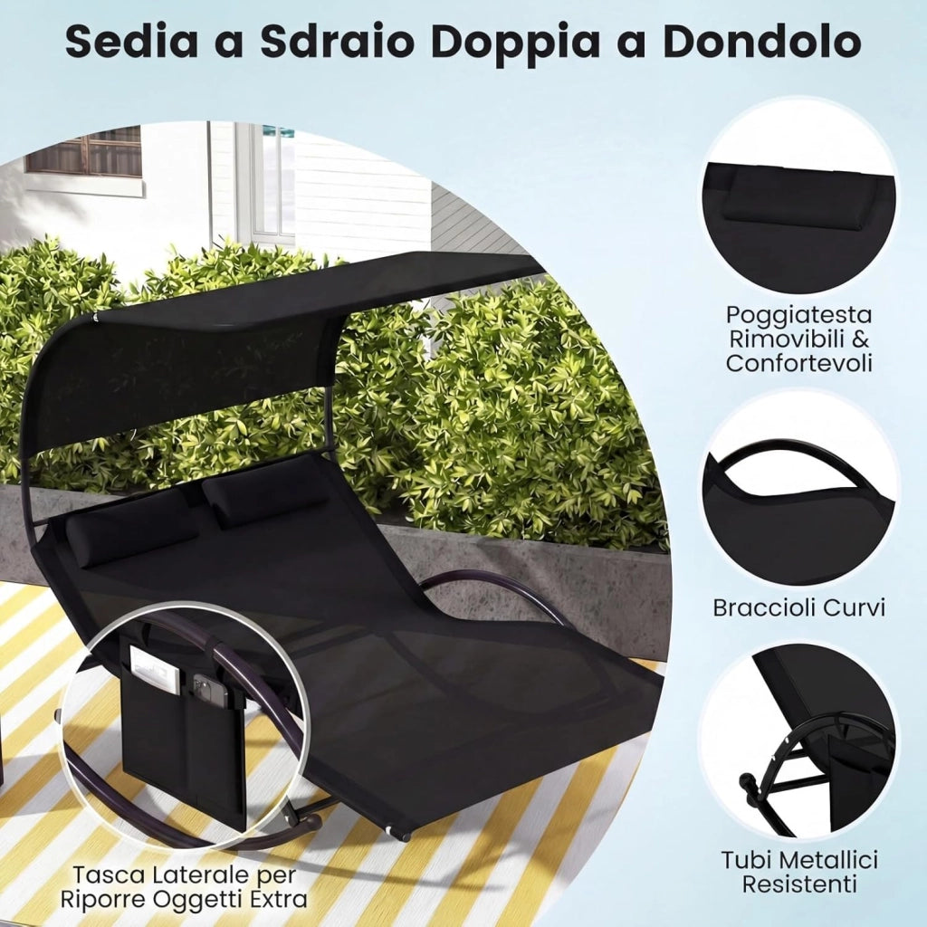 Lettino Prendisole a 2 Posti, Lettino in Tessuto Textilene, con 2 Poggiatesta Staccabili, Sedia a Dondolo da Giardino con Struttura Metallica, Lettino con Tettuccio Portata 300 kg (Nero)