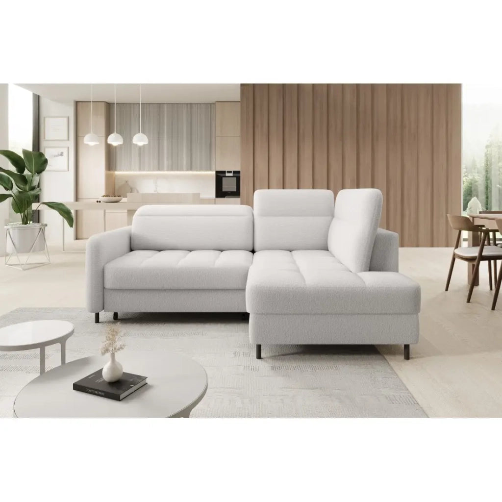 Divano ad angolo destro convertibile BARNEA 208 cm bianco chenille con contenitore