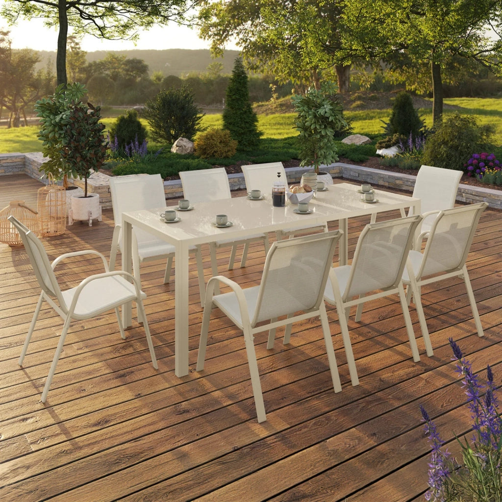 IDMarket - Set di mobili da giardino MADRID con tavolo da 190 cm e 8 sedie impilabili beige