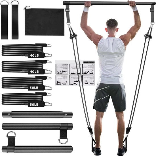 Kit per Pilates, barra per Pilates con 4 cavi di resistenza, manubrio in gomma e anello di fissaggio. Attrezzatura per fitness portatile per uso domestico, yoga, stretching, formazione muscolare